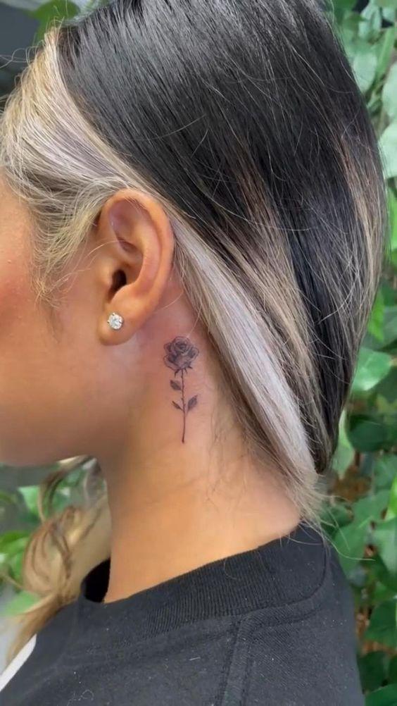 Cute Rose Tattoo Behind Ear