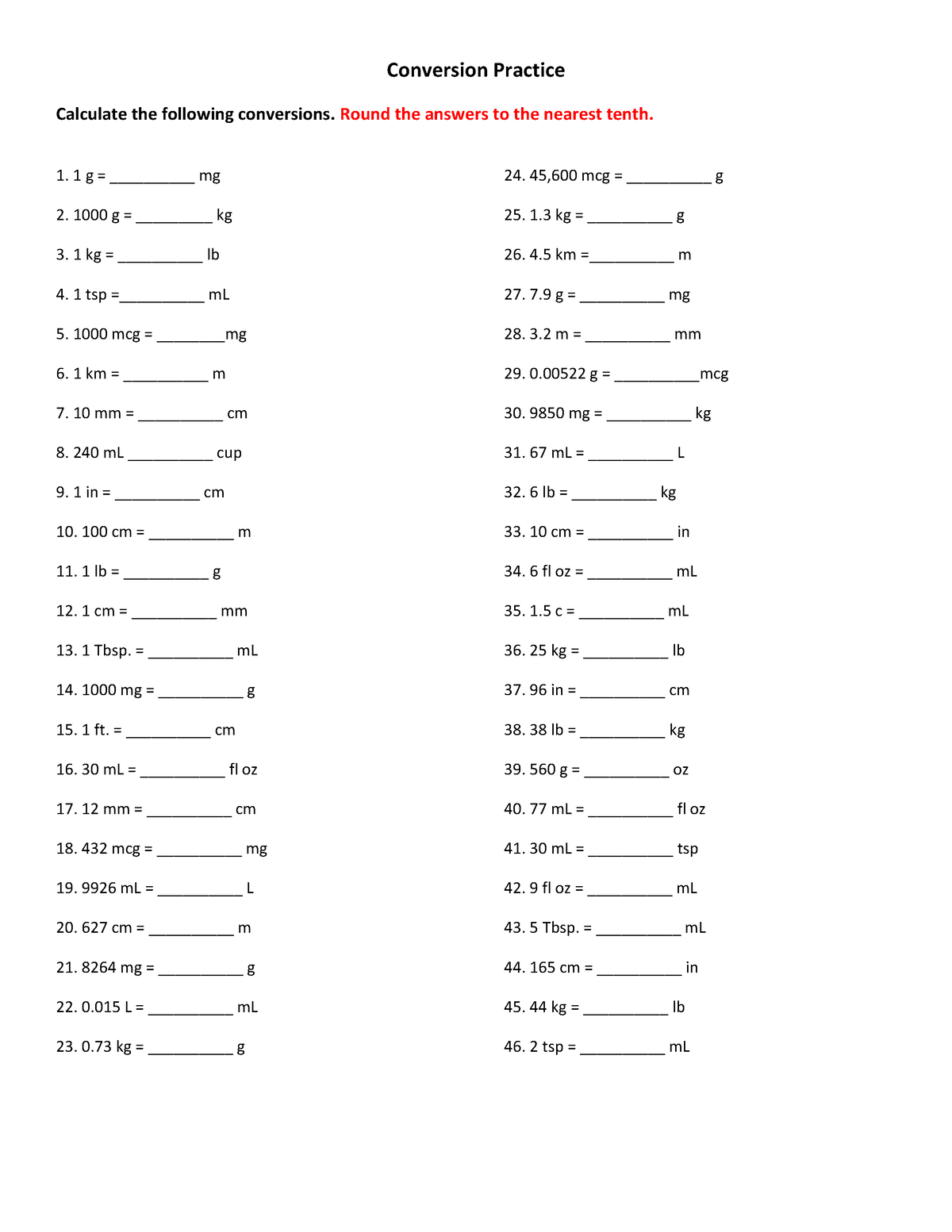 Dosage Calculation Conversion Practice Dosage Calculation Conversion Practice