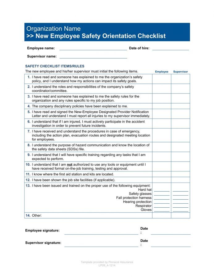 Safety Orientation Checklist