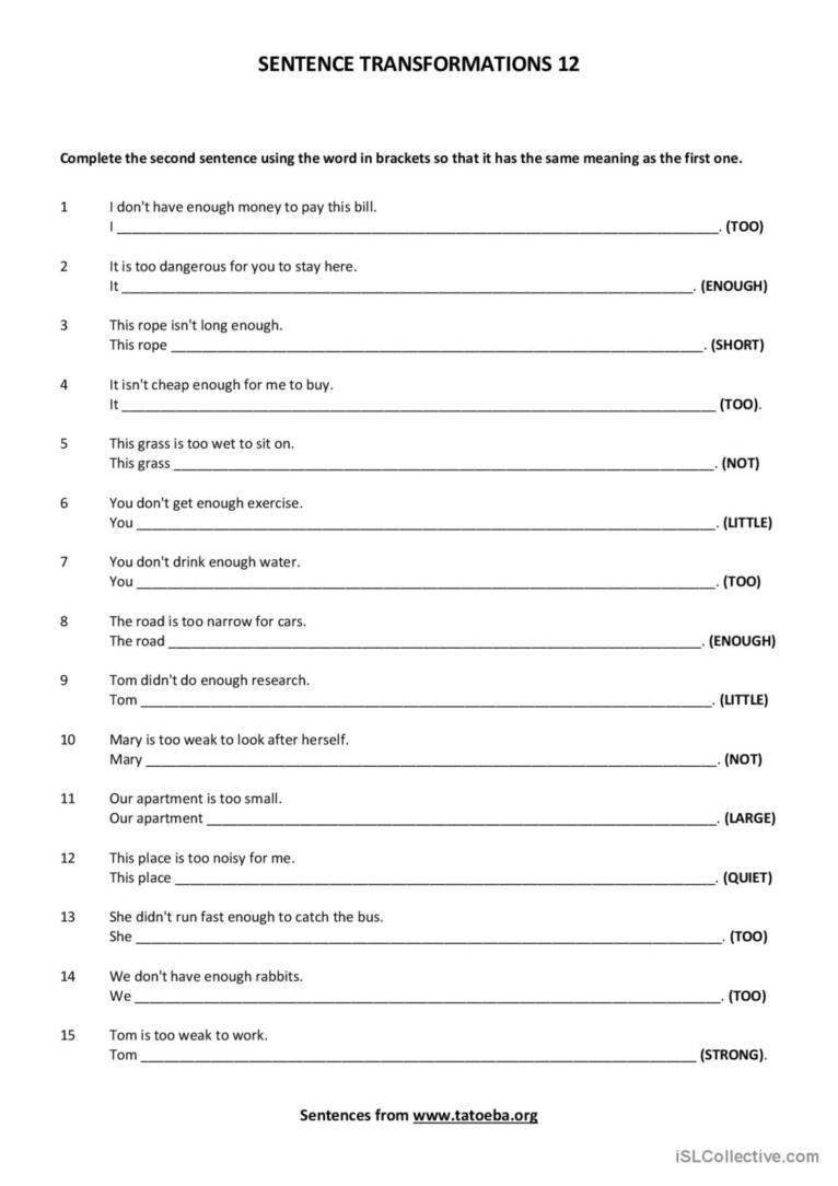Sentence Transformations Using Too Enough Esl Worksheet By, 60% Off Sentence Transformations Using Too Enough Esl Worksheet By, 60% Off