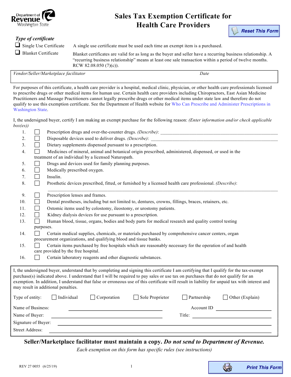 Washington State Tax Exemption Form
